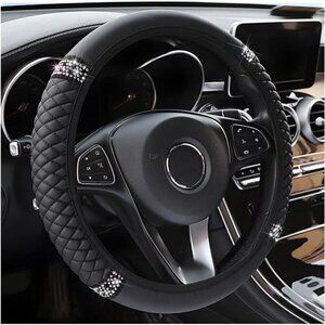 Bling Car Steering Wheel Cover, 15 Inch Rhinestones Soft Leather Elastic Black